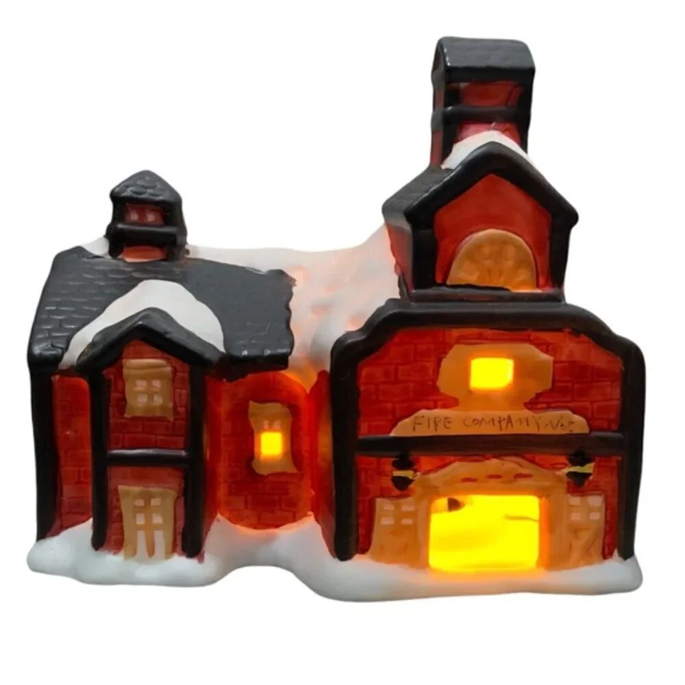 Vintage Christmas Village Light Up Fire House Porcelain Bisque by Liberty Bell